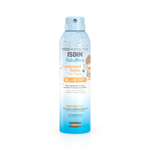 ISDIN Fotoprotector Transparent Spray Wet Skin Pediatrics FPS50 - Dermaproductos Guatemala