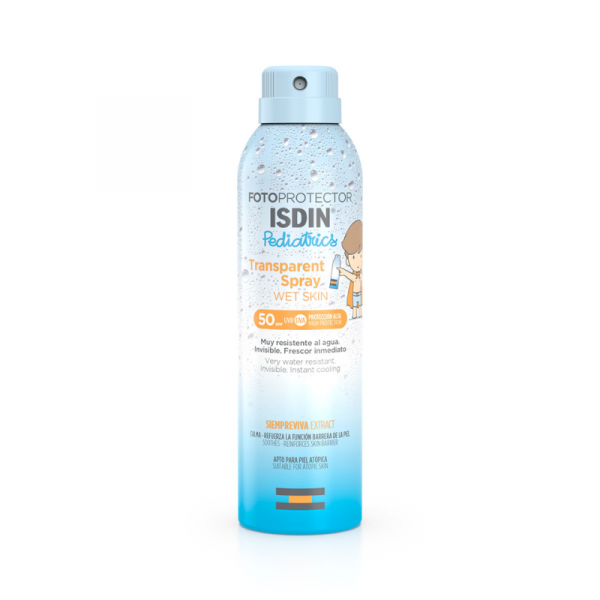 ISDIN Fotoprotector Transparent Spray Wet Skin Pediatrics FPS50 - Dermaproductos Guatemala