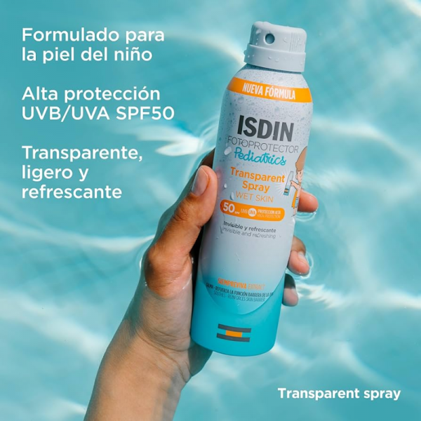 ISDIN Fotoprotector Transparent Spray Wet Skin Pediatrics FPS50 - Dermaproductos Guatemala