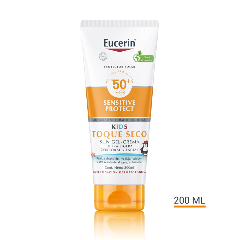 Eucerin Sun Kids Sensitive Protect Toque seco Gel-Crema Ultra-Ligera FPS50+ 200ml - Dermaproductos Guatemala